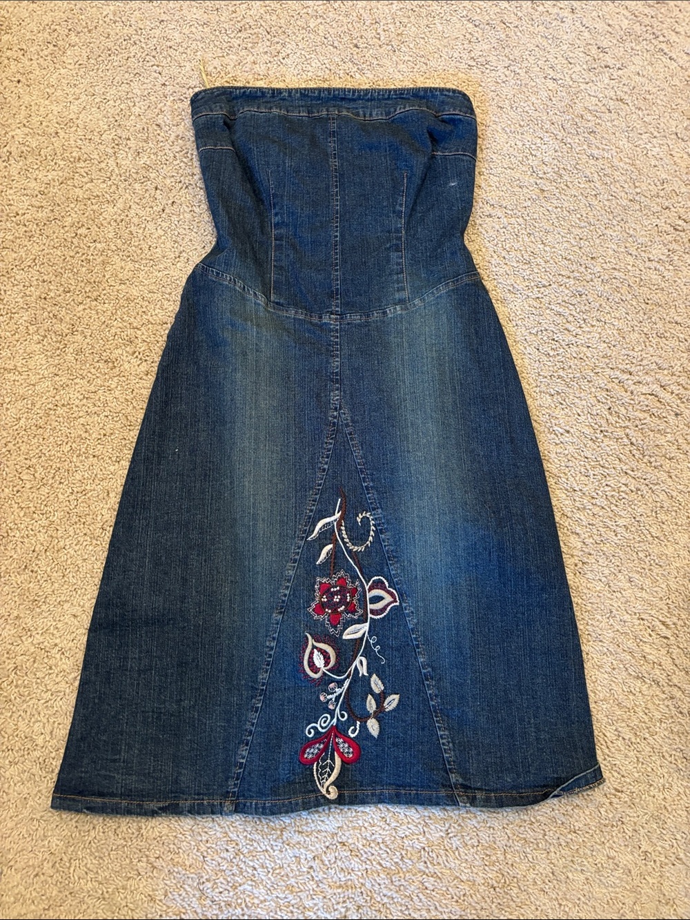 Strapless Embroidered Denim Midi Dress - Blue